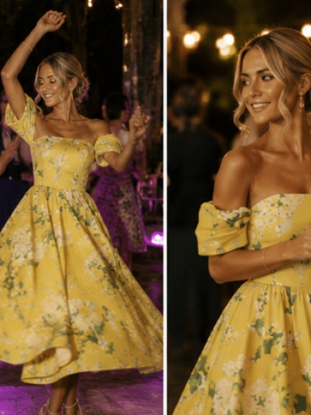 Sunny Yellow Off-Shoulder Floral Midi Dress، rare to find it - Picture 16 of 16
